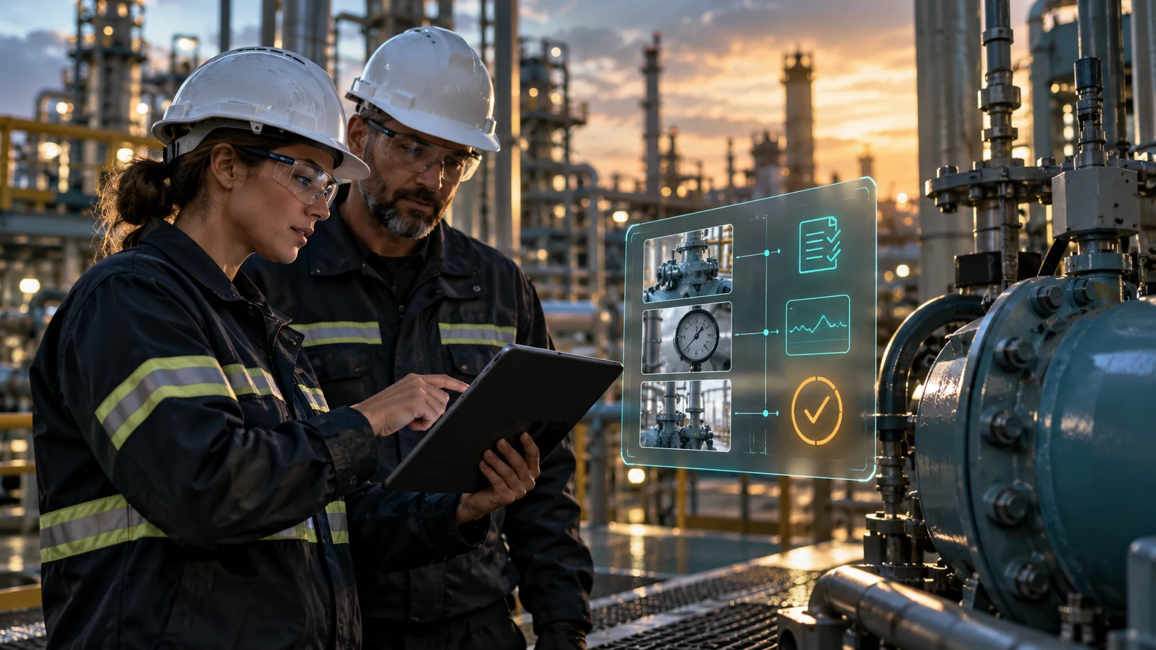 Two field technicians review illustrated equipment photos, readings and inspection evidence beside an industrial pump.
