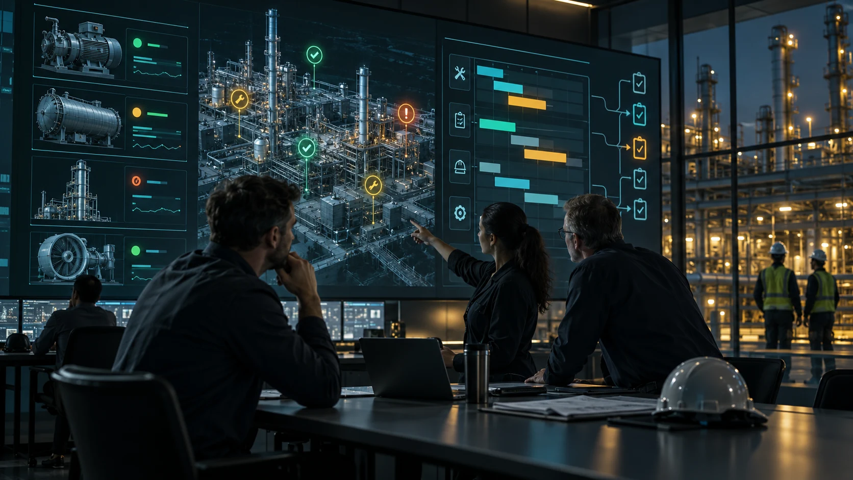 A team reviews illustrated asset maintenance schedules and inspection planning in an industrial control room.